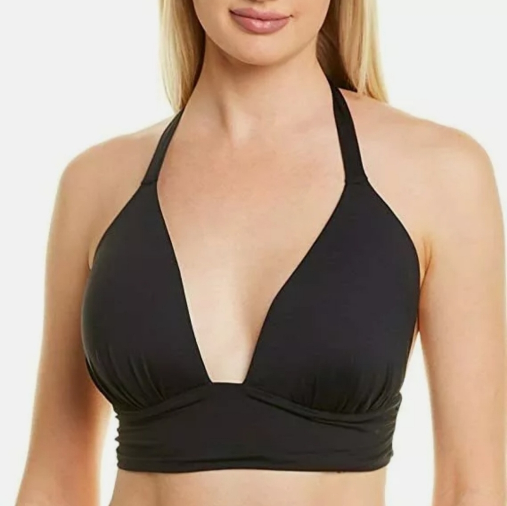 La Blanca Women's Black Shirred Banded V-Neck Halter Bikini Top Swimsuit